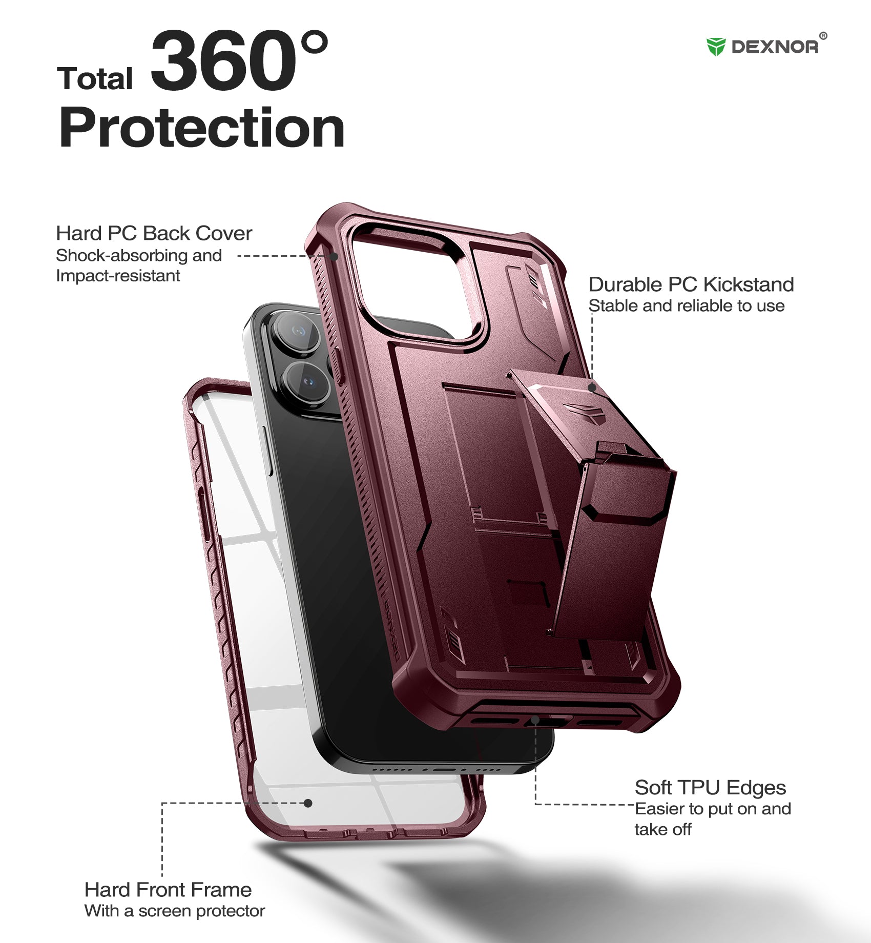 Dexnor for iphone 14 Pro Max Case  Heavy-duty Shockproof Full Body Built-in Screen Protector Adjustable Kickstand