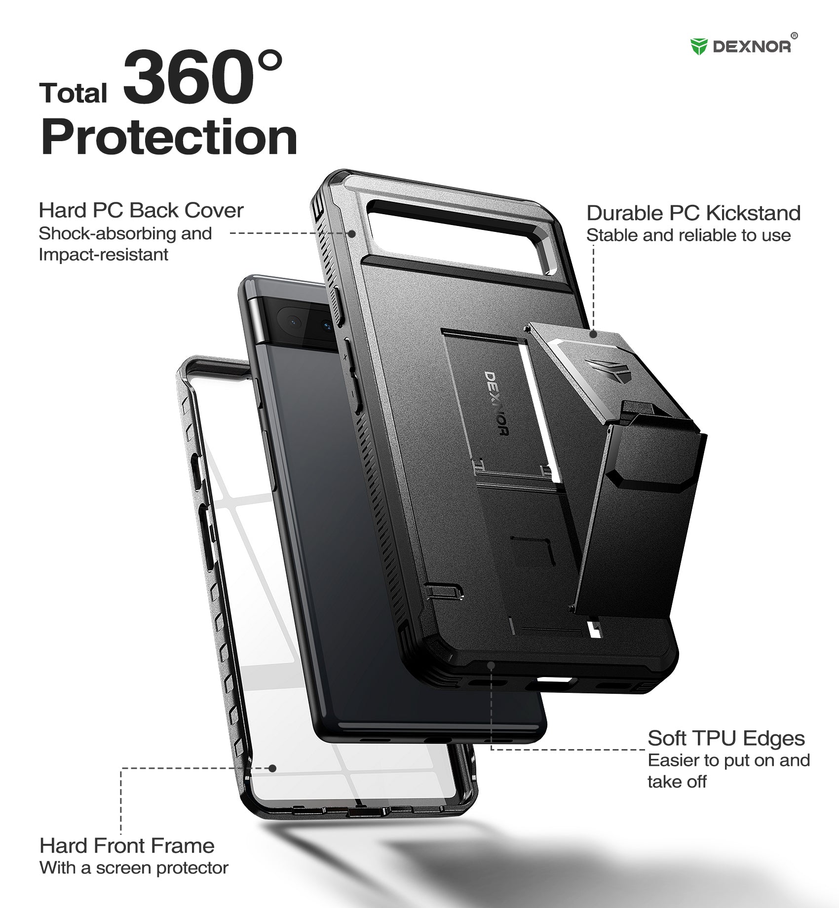 Dexnor Case for Google Pixel 6A With Screen Protector Full Body Bumper Kickstand Heavy-duty Shockproof Rugged Cover.