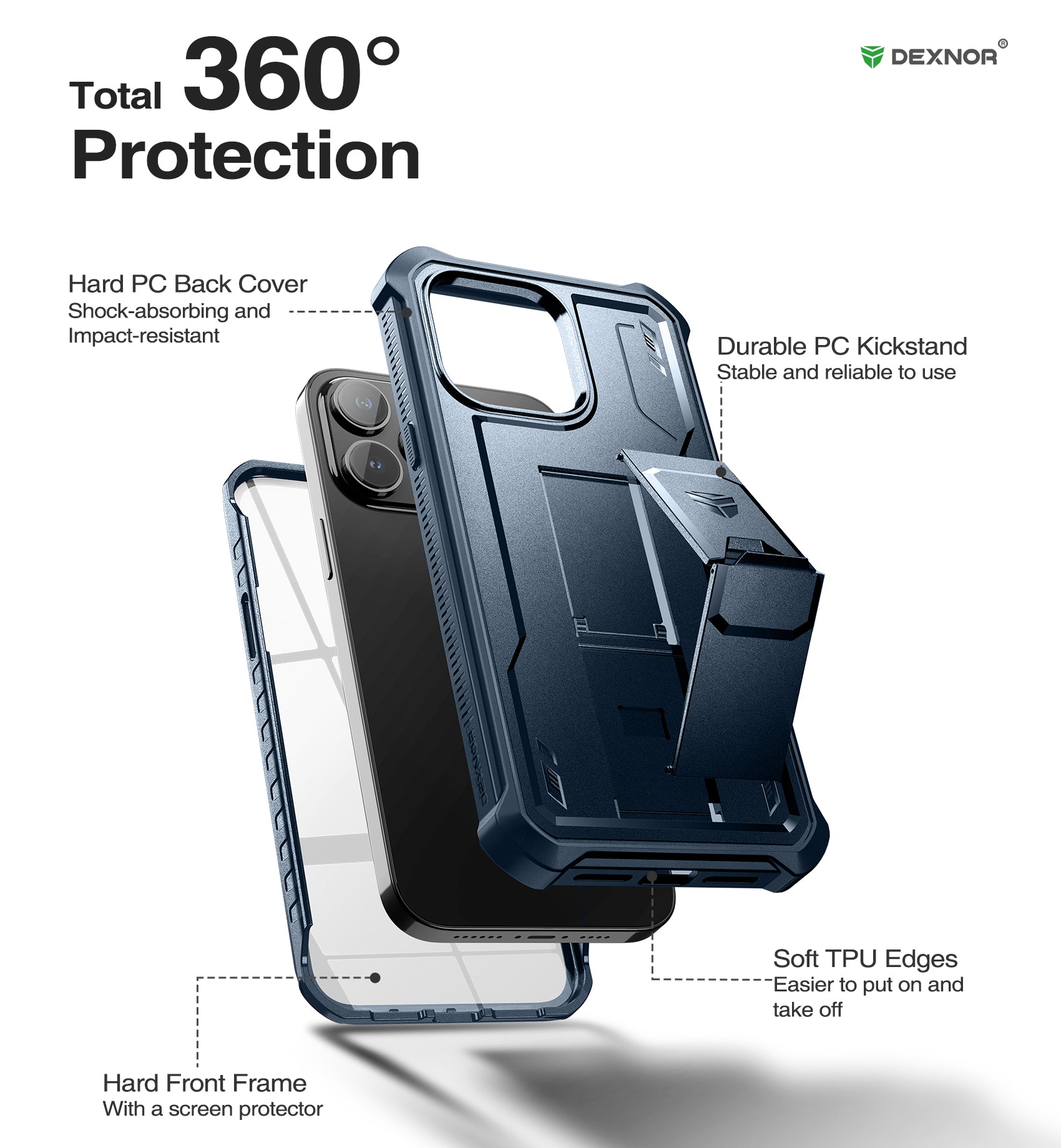 Dexnor for iphone 14 Pro Max Case  Heavy-duty Shockproof Full Body Built-in Screen Protector Adjustable Kickstand