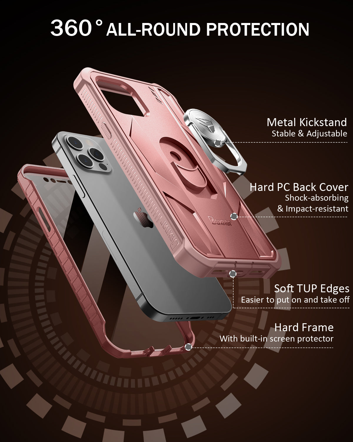 Dexnor Rugged Full Body Case for iPhone 12/12 Pro with Screen Protector & Ring Kickstand Car Mount, Slim Shockproof Protective Bumper Cover with Anti Dust Plugs.