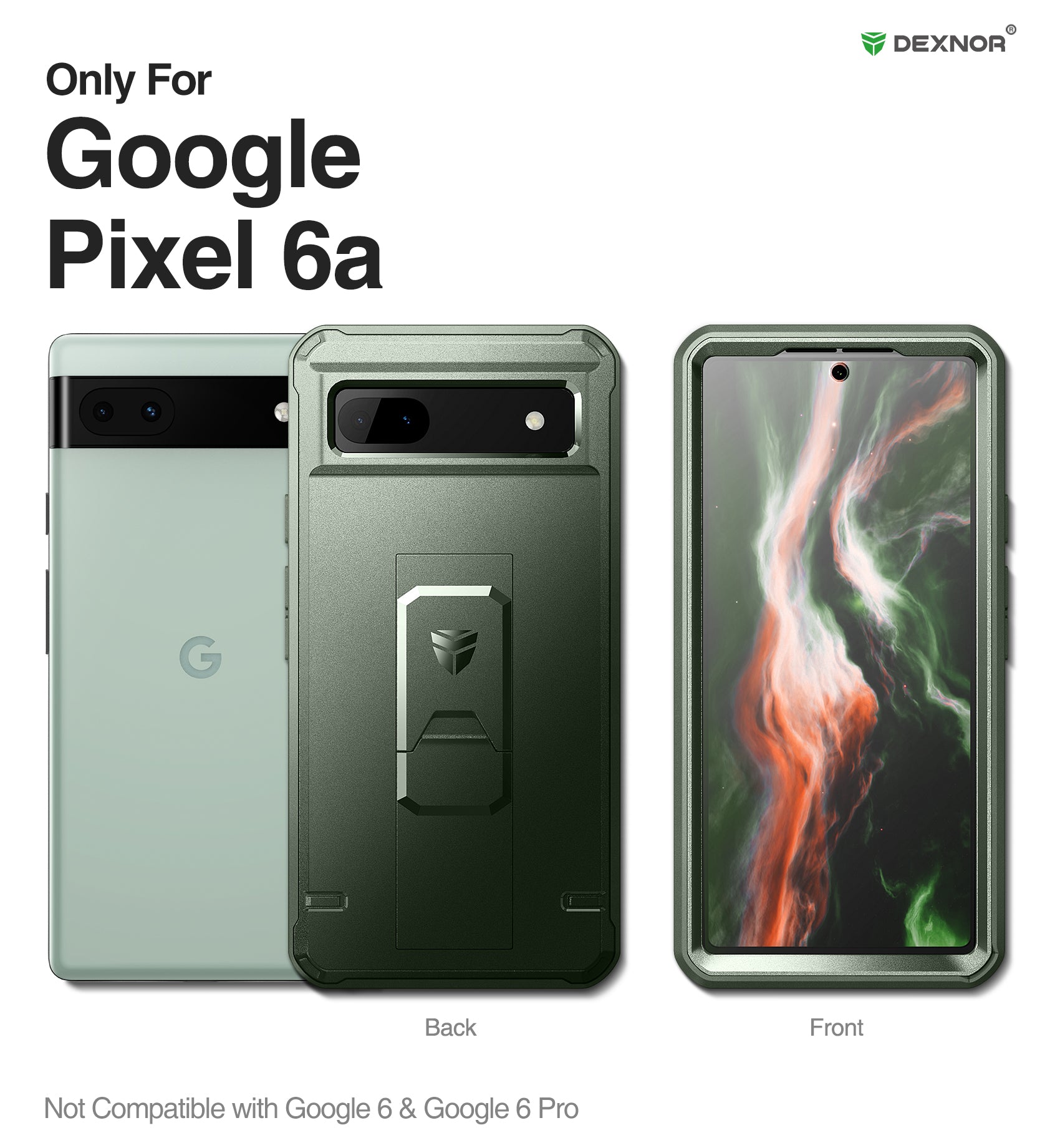 Cover NEINEI Per Google Pixel 6a 5G Con Protezione Fotocamera Scorrevole + 2 Vetro Temperato - Custodia Antiurto Militare Con Supporto E Anello Magnetico - Verde