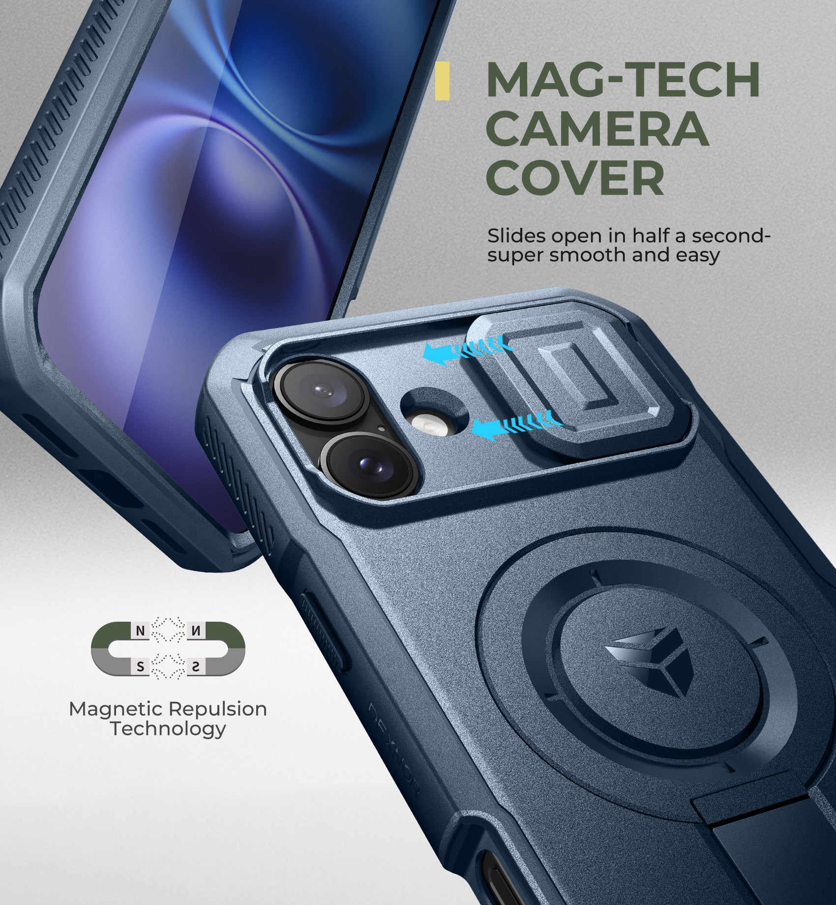 Dexnor Blue Case For iPhone 16 Plus With Slide Camera Cover MagSafe Heavy-duty Shockproof Full Body Built-in Screen Protector Adjustable Kickstand