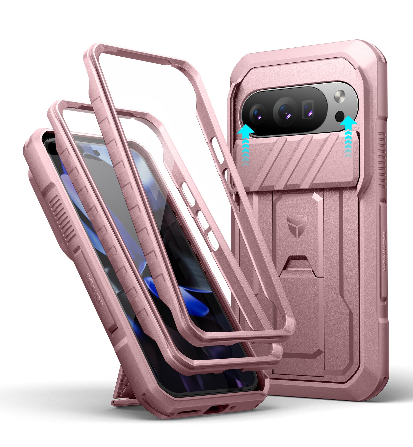 Dexnor Case For Google Pixel 10 Pro with Slide Camera Cover 2 Front Frames Full-Body Built-in Screen Protector Kickstand Bumper Cover