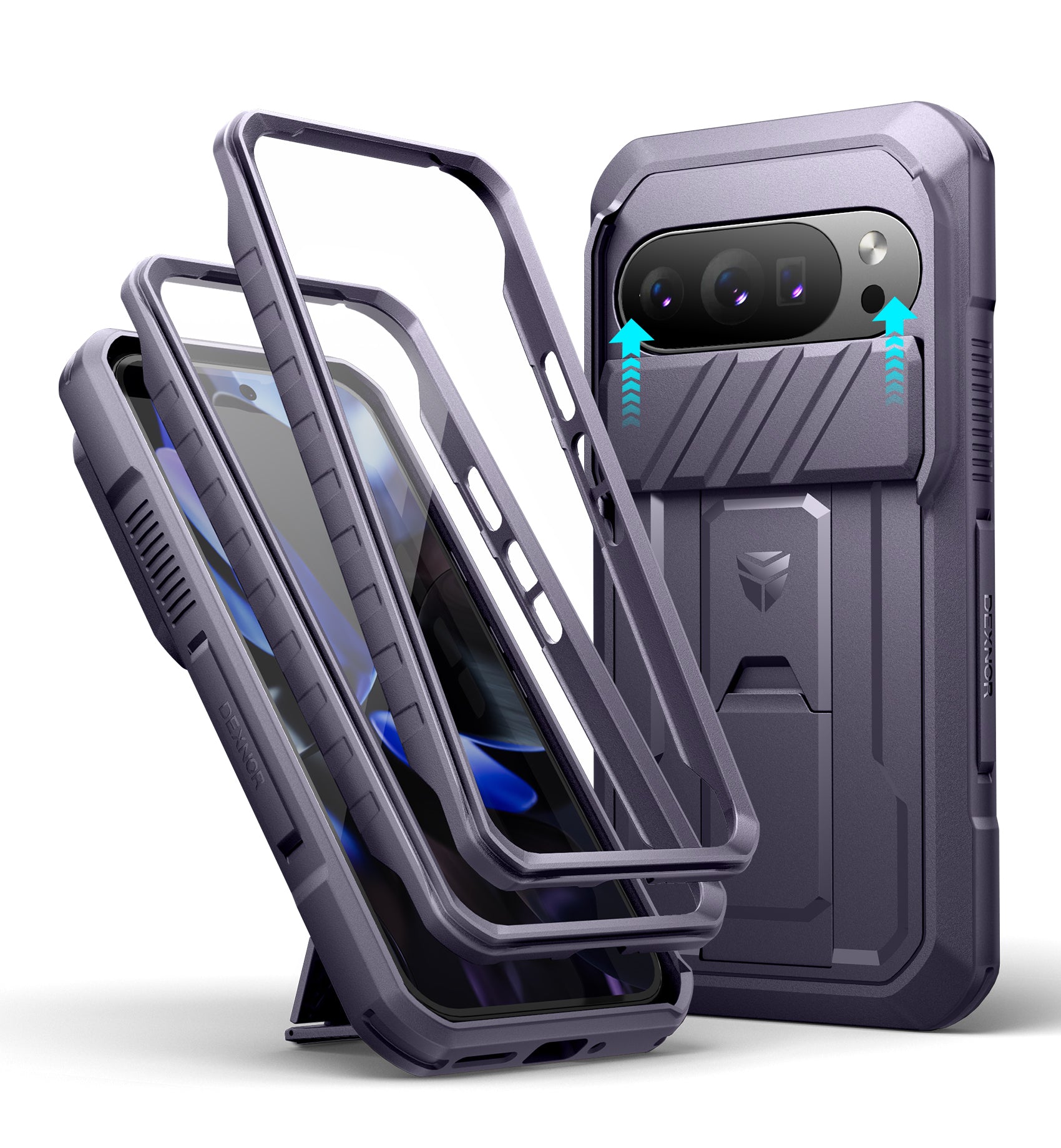 Dexnor Case For Google Pixel 10 Pro with Slide Camera Cover 2 Front Frames Full-Body Built-in Screen Protector Kickstand Bumper Cover