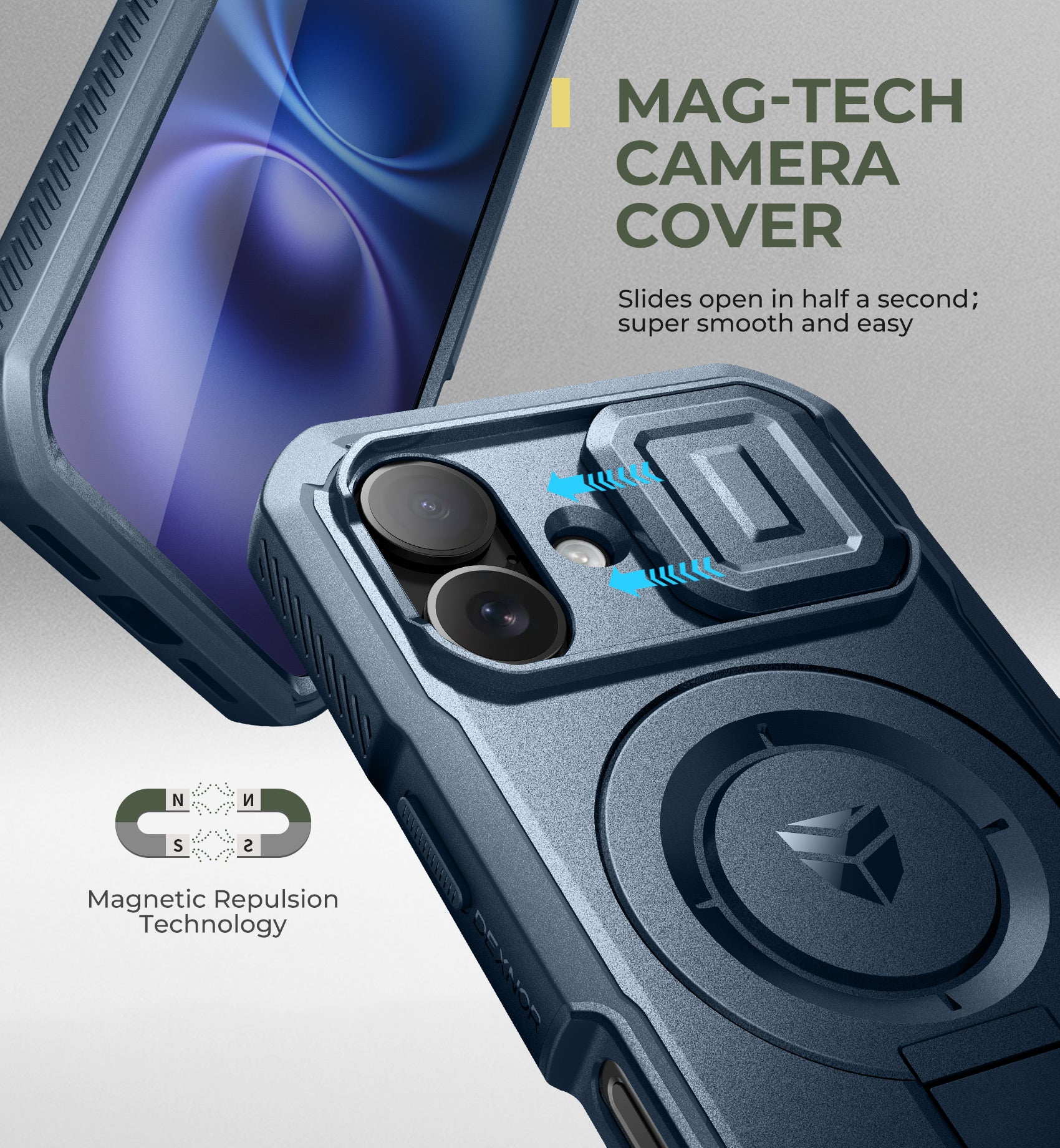 Dexnor Blue Case For iPhone 16 With Slide Camera Cover MagSafe Heavy-duty Shockproof Full Body Built-in Screen Protector Adjustable Kickstand