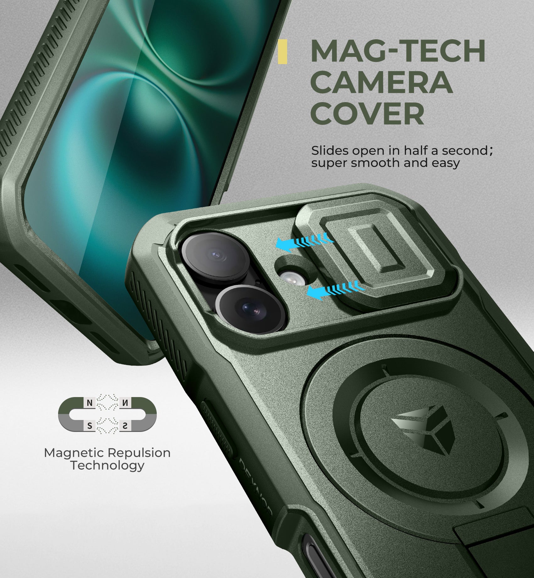 Dexnor Green Case For iPhone 16 With Slide Camera Cover MagSafe Heavy-duty Shockproof Full Body Built-in Screen Protector Adjustable Kickstand
