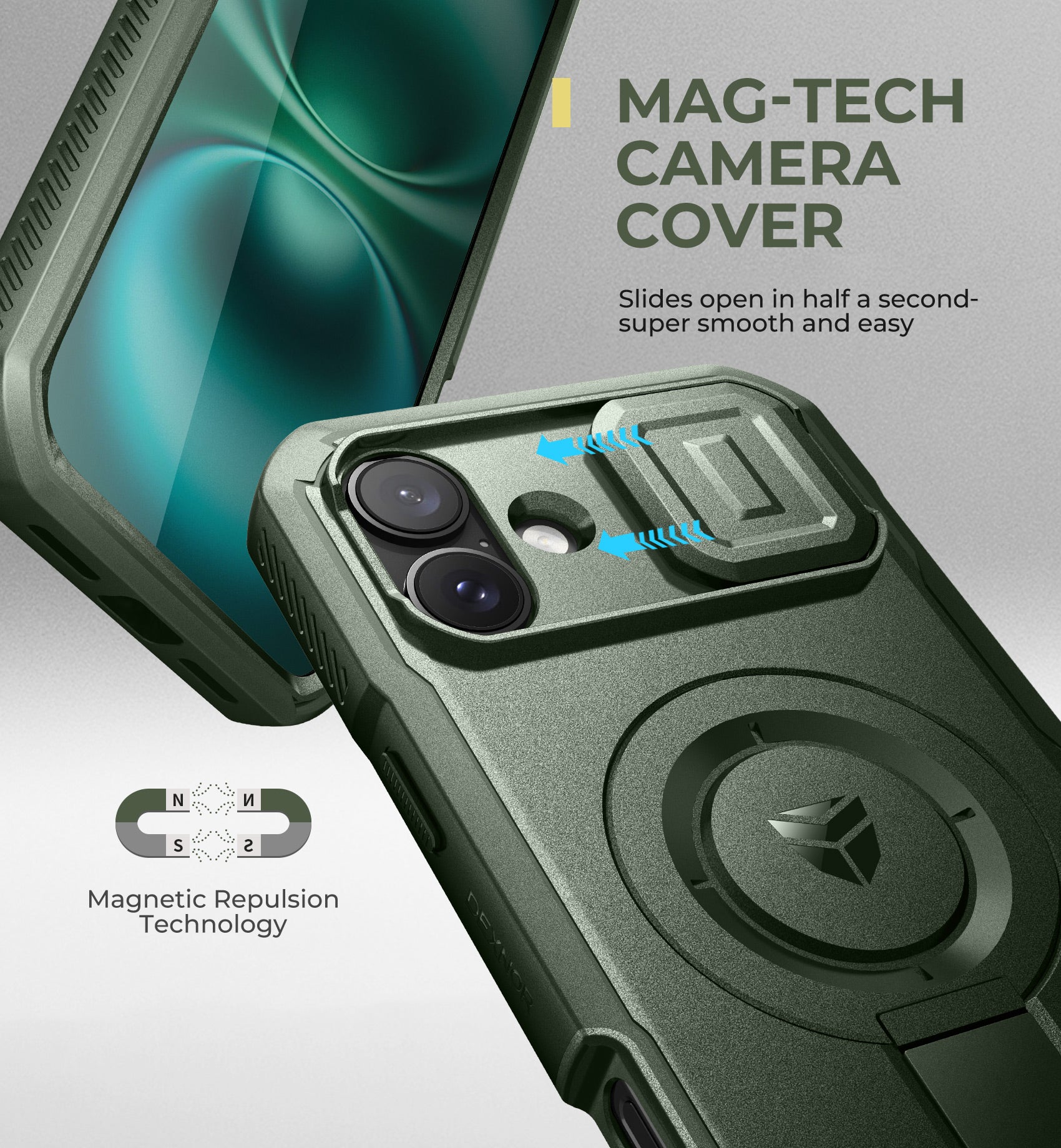 Dexnor Green Case For iPhone 16 Plus With Slide Camera Cover MagSafe Heavy-duty Shockproof Full Body Built-in Screen Protector Adjustable Kickstand