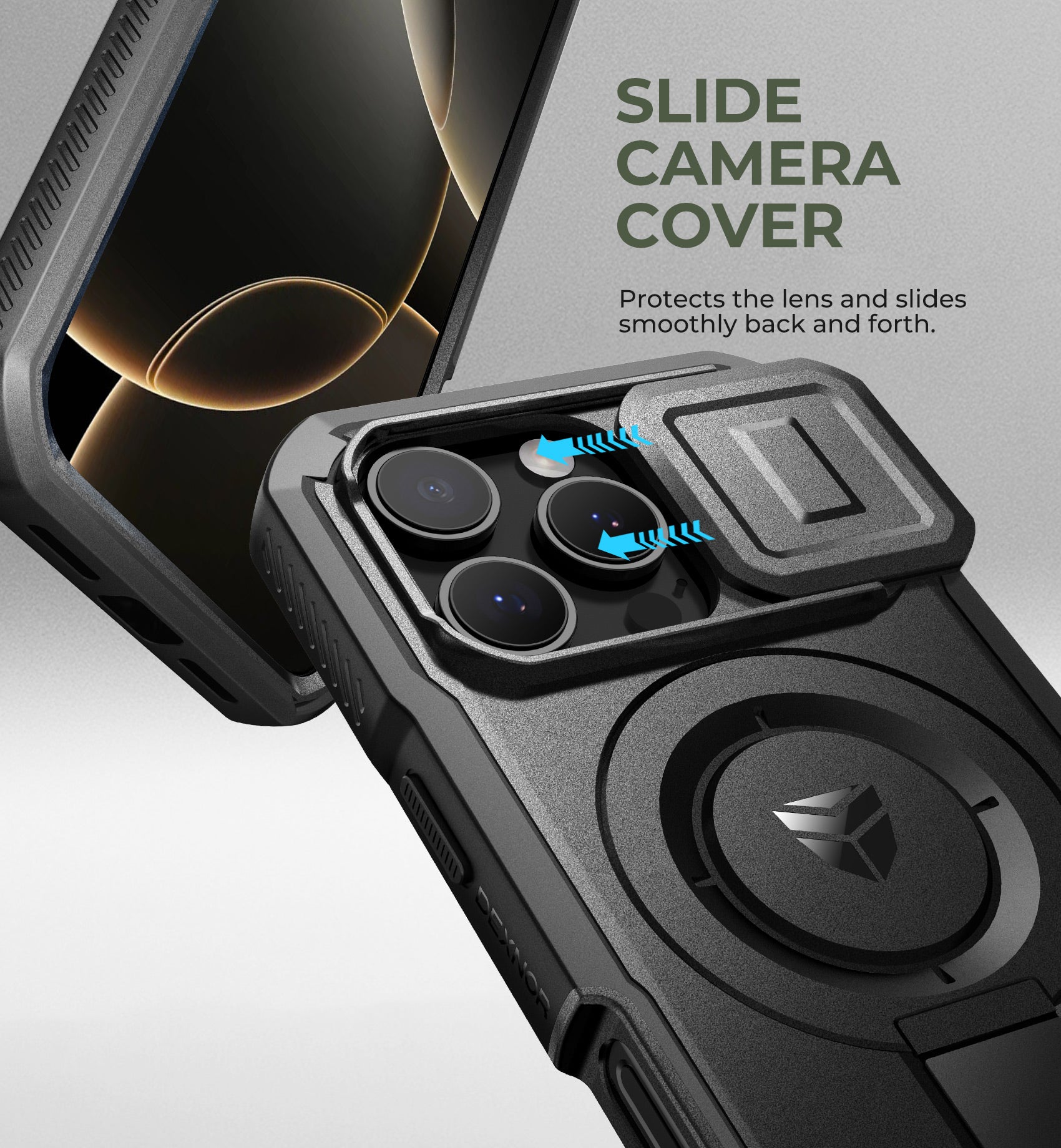Dexnor Black Case For iPhone 16 Pro With Slide Camera Cover MagSafe Heavy-duty Shockproof Full Body Built-in Screen Protector Adjustable Kickstand