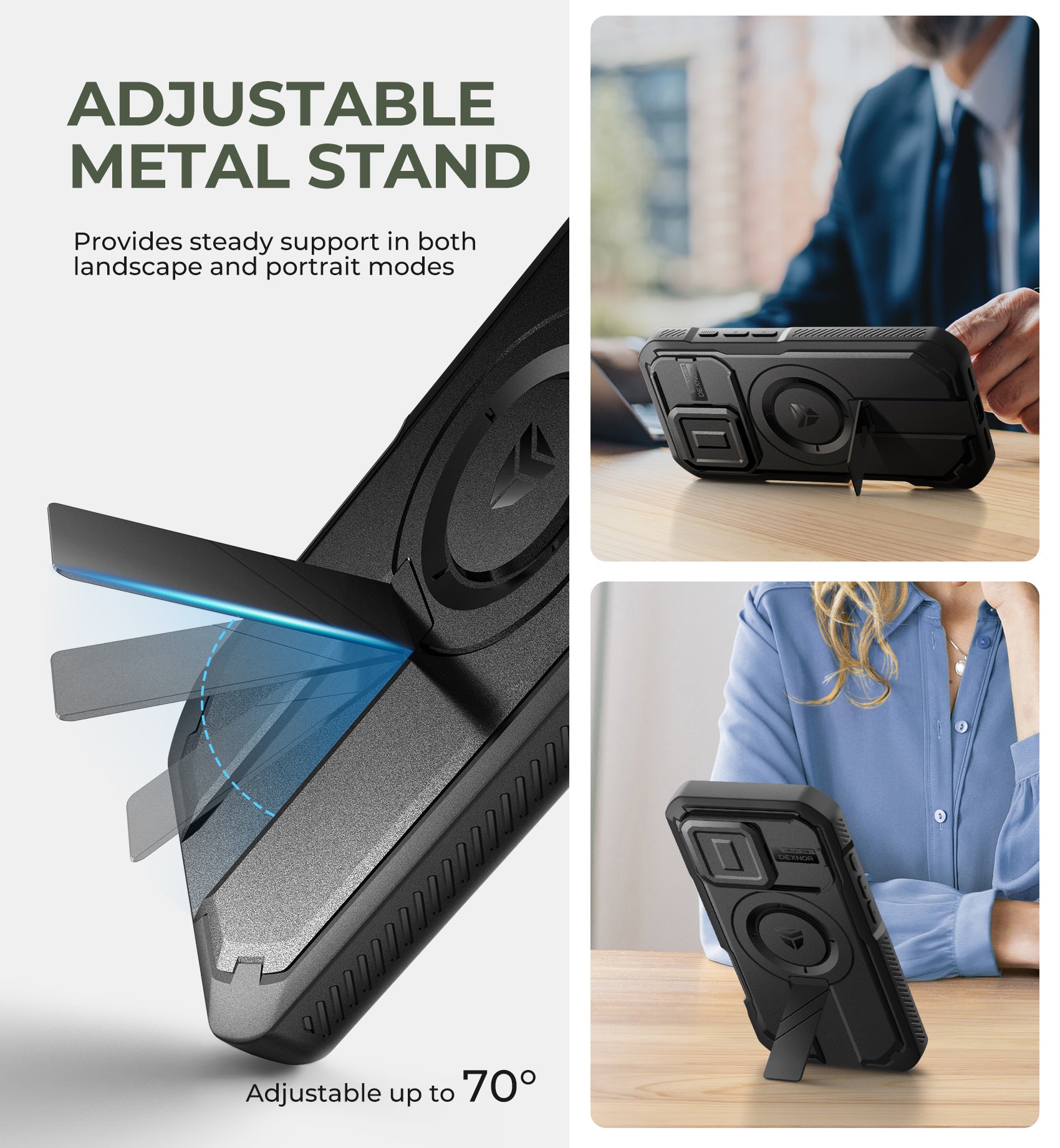 Dexnor Black Case For iPhone 16 Pro With Slide Camera Cover MagSafe Heavy-duty Shockproof Full Body Built-in Screen Protector Adjustable Kickstand