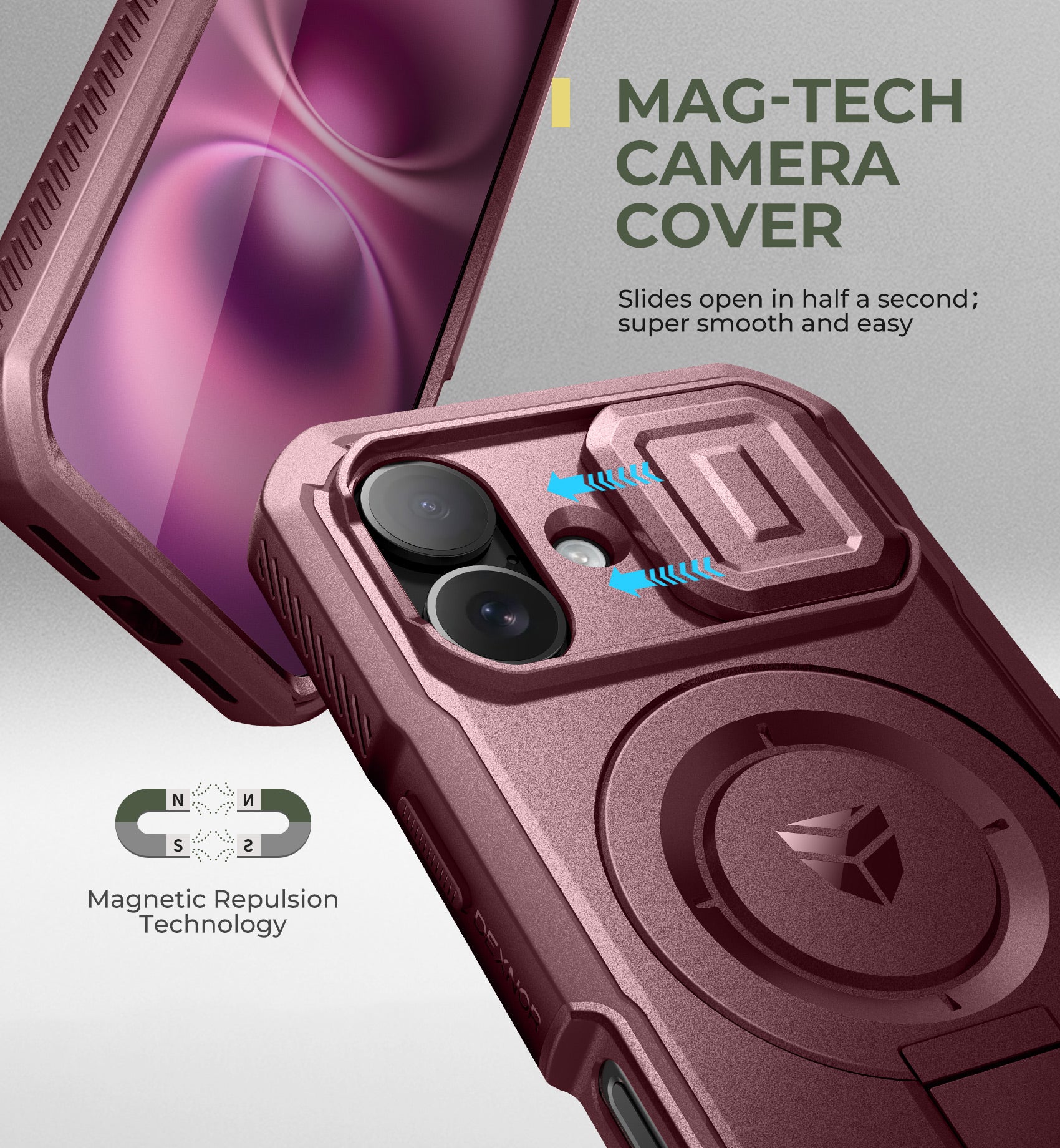 Dexnor Red Case For iPhone 16 With Slide Camera Cover MagSafe Heavy-duty Shockproof Full Body Built-in Screen Protector Adjustable Kickstand