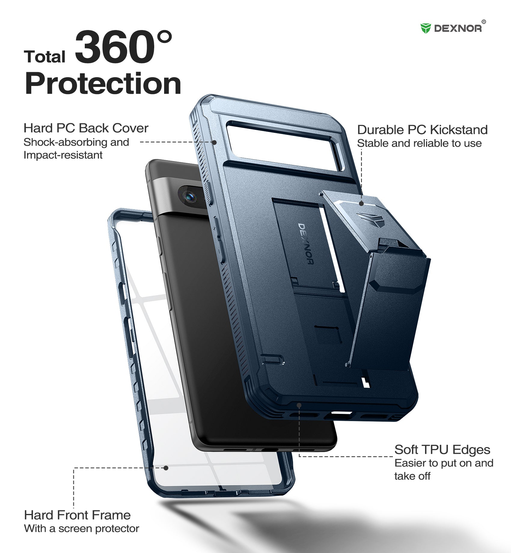 Dexnor Case for Google Pixel 7 With Screen Protector Full Body Bumper Kickstand Heavy-duty Shockproof Rugged Military Grade Cover.