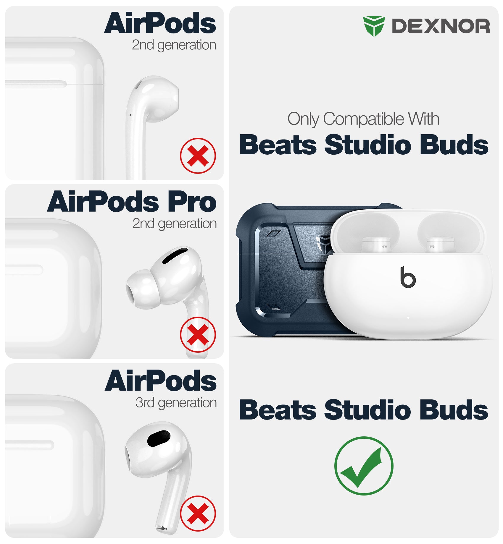 Dexnor Earphone Case for Beats Studio Buds 2021/Buds + 2023 with Secure Lock and Carabiner Full Body Bumper Shockproof Rugged Cover