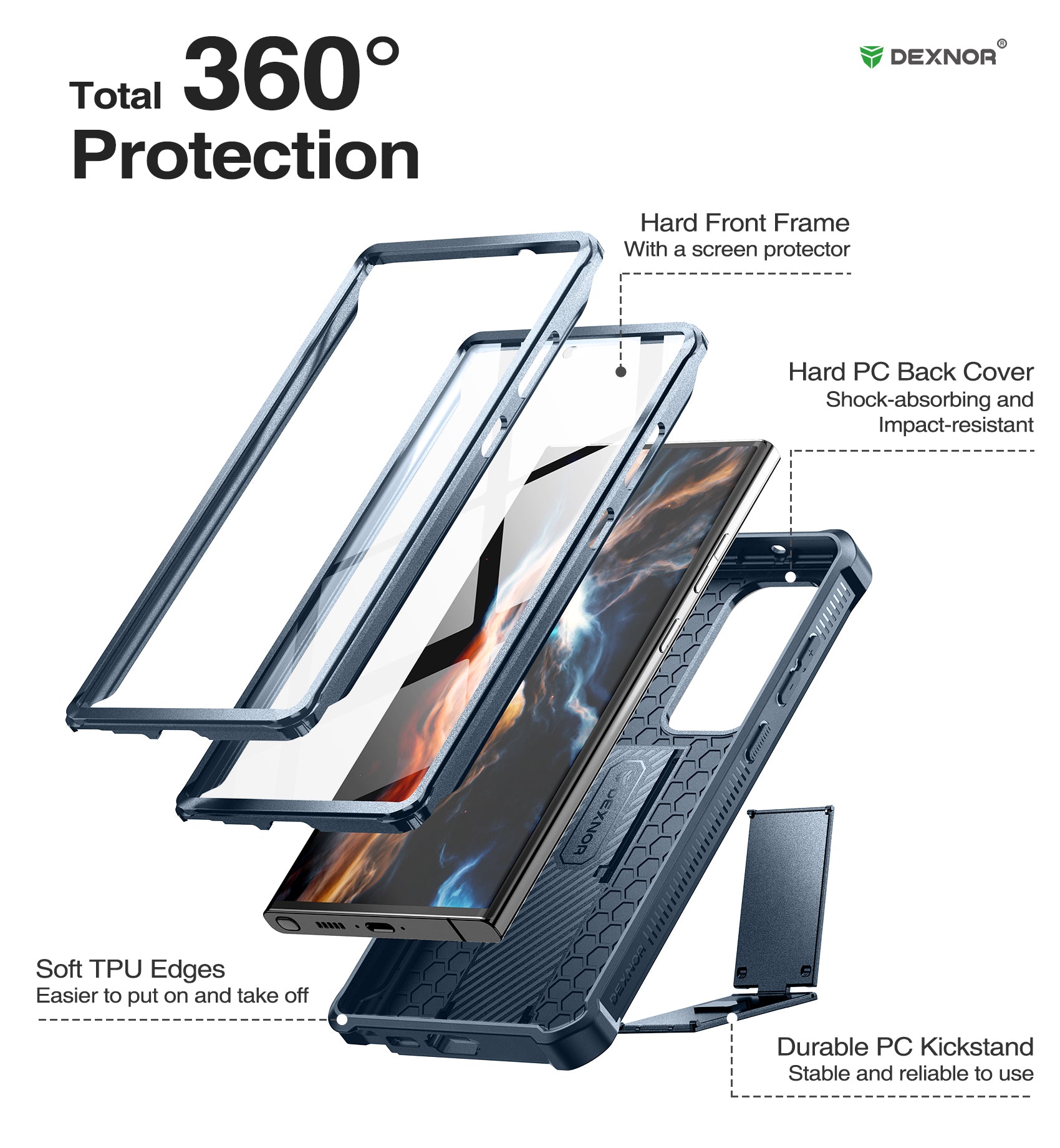 Dexnor Case for Samsung Galaxy S23 Ultra With Screen Protector Full Body Bumper Kickstand Heavy-duty Shockproof Cover