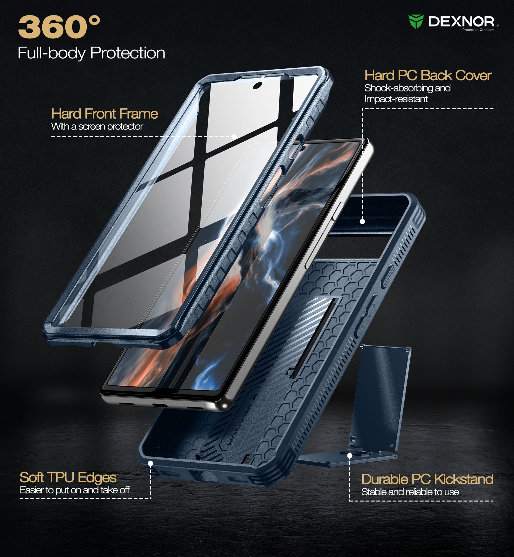 Dexnor Case for Google Pixel 6A With Screen Protector Full Body Bumper Kickstand Heavy-duty Shockproof Rugged Cover.