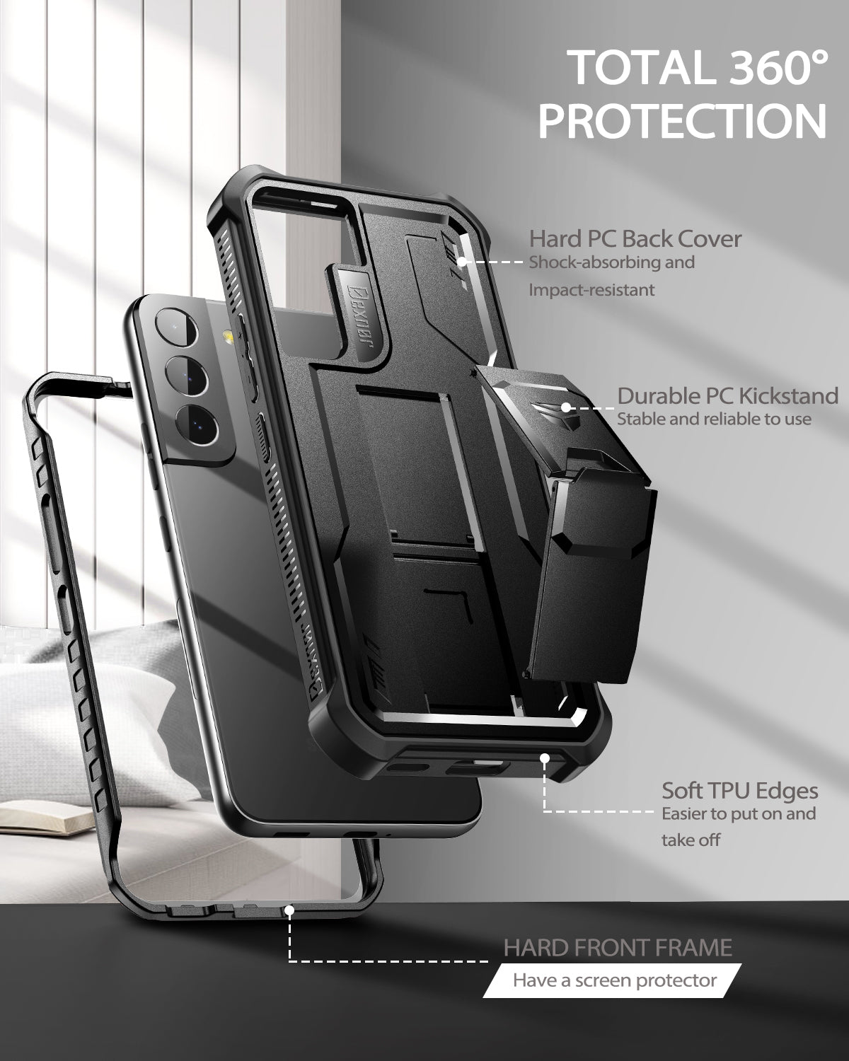 Dexnor Case for Samsung Galaxy S22 Plus With Single Screen Protector Full Body Bumper Kickstand Heavy-duty Shockproof Rugged  Cover.